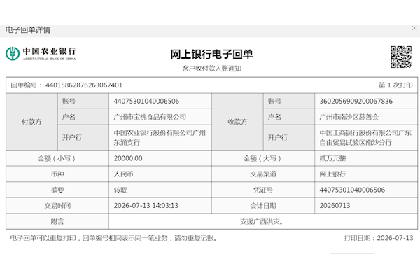 宝桃公司捐赠2万元现金支援广西洪灾灾区